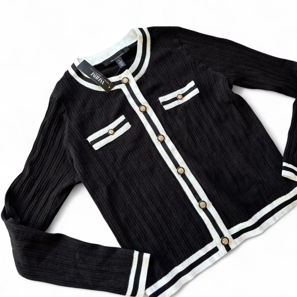 White House Black Market Black Cardigan with White Trim and Gold Accents